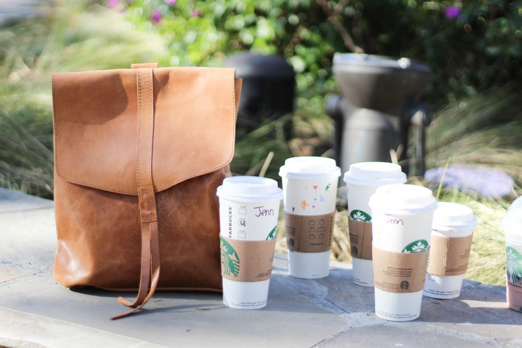 Starbucks cups and backpack