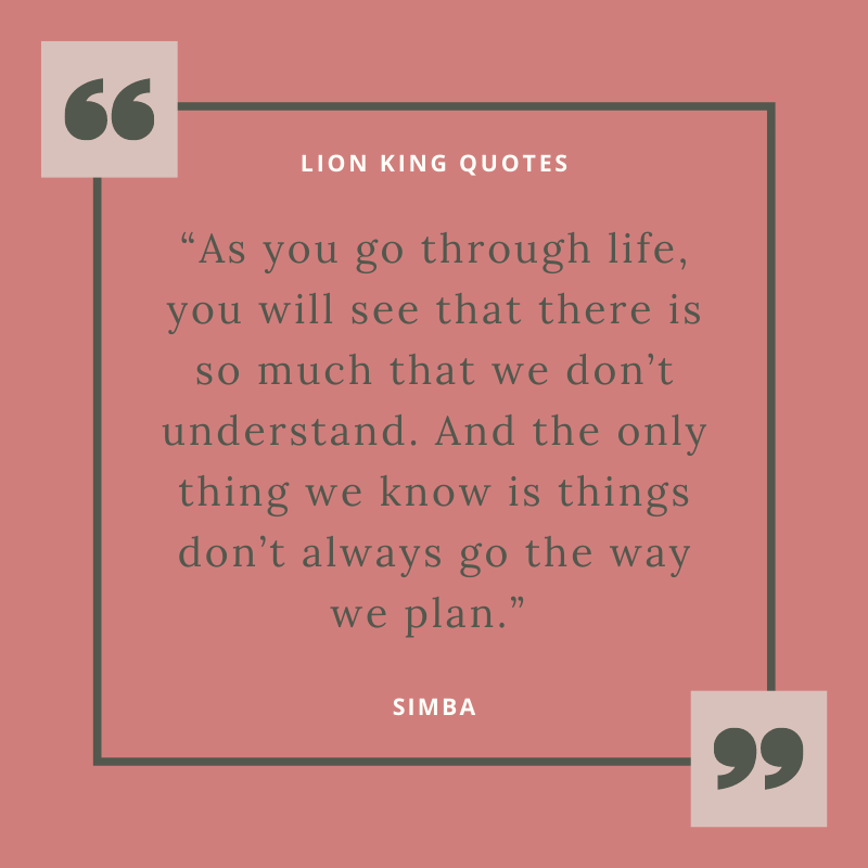“As you go through life, you will see that there is so much that we don’t understand. And the only thing we know is things don’t always go the way we plan.” – Simba