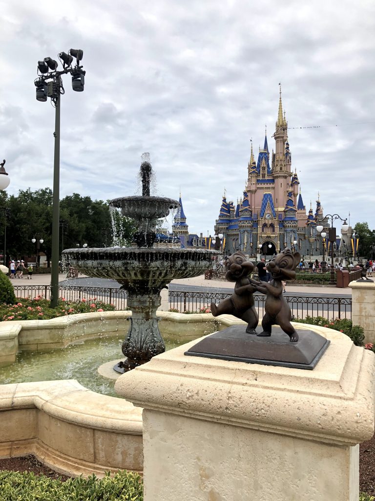 castle, fountain, chip and dale statue