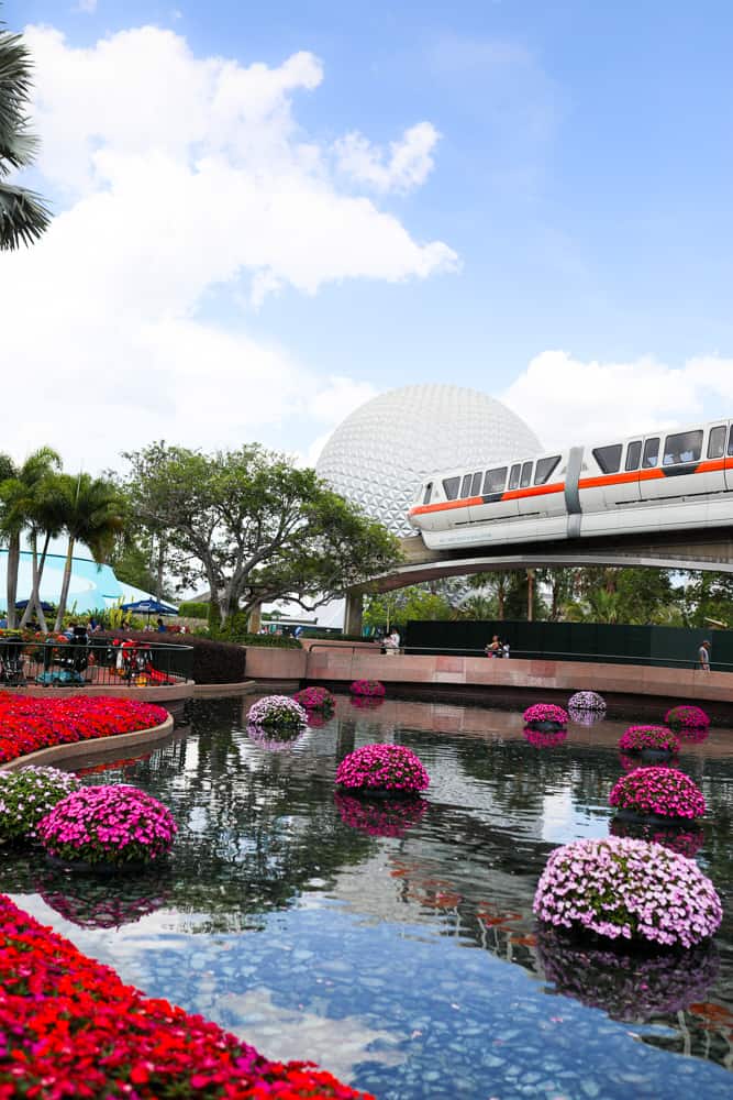 monorail and epcot ball during the Flower and Garden Festival