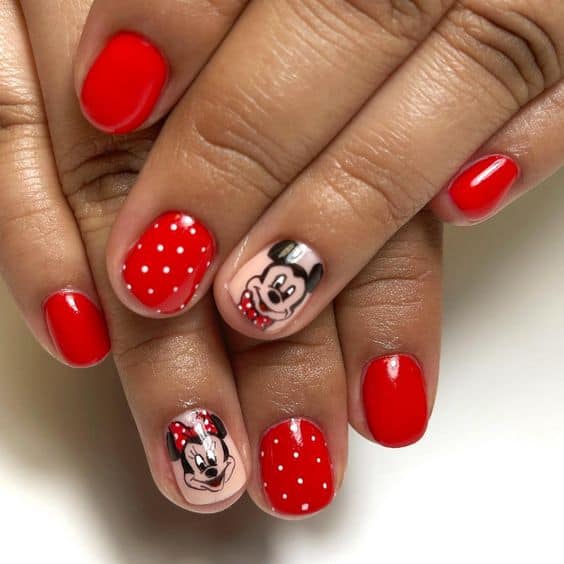 red and white minnie and mickey nails
