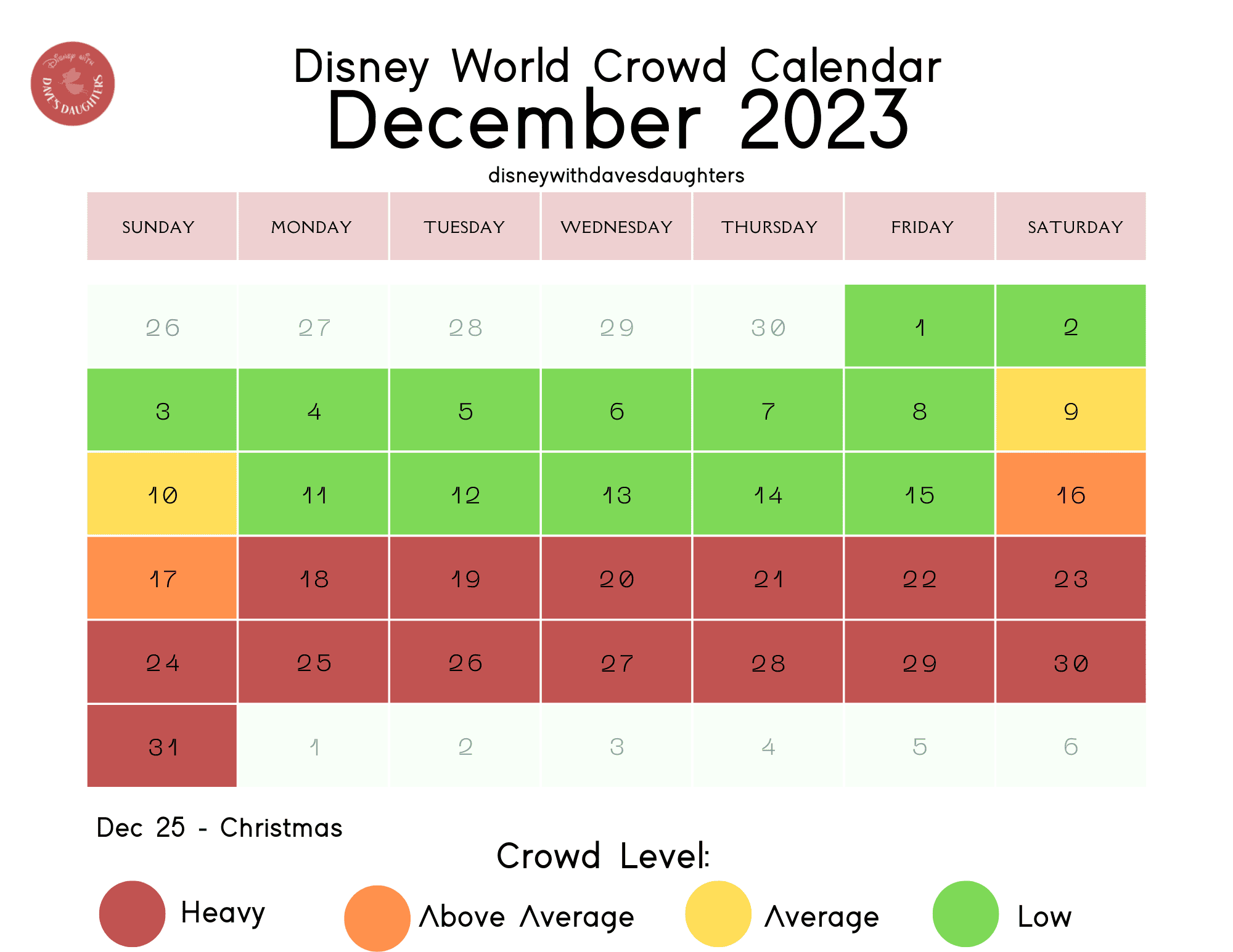 December 2023 Disney crowd calendar