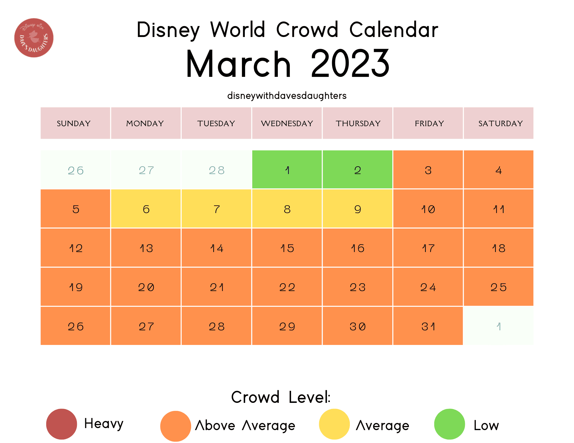 March 2023 Disney World Crowd Calendar