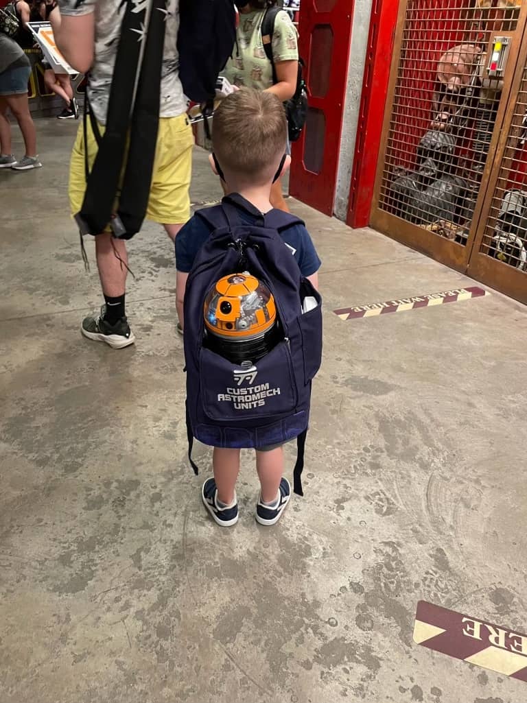 Little boy with droid backpack at Disney World
