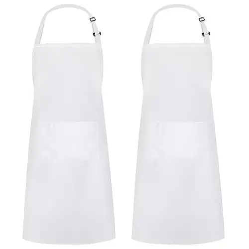 Syntus 2 Pack Adjustable Bib Apron Waterdrop Resistant with 2 Pockets Cooking Kitchen Aprons for BBQ Drawing, Women Men Chef, White