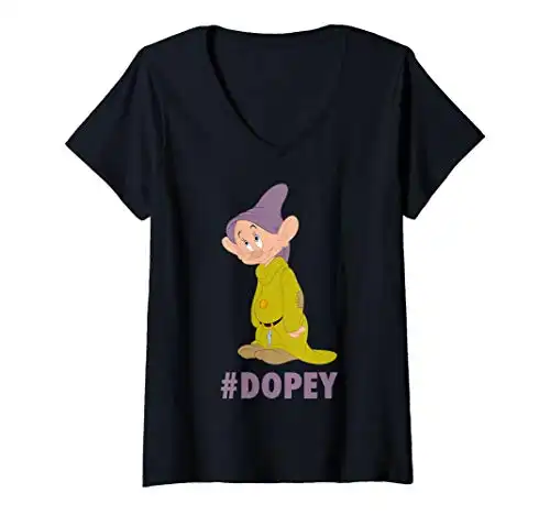 Womens Disney Snow White Dopey Hashtag Portrait V-Neck T-Shirt