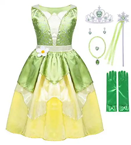 COTRIO Green Fairy Tale Fancy Dresses Girls Frog Princess Tiana Dress Toddler Kids Birthday Party Halloween Costume Outfits with Accessories Role Play Clothes Size 3T (2-3 Years, Green)