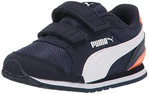 PUMA Unisex-Child ST Runner 2 Mesh Hook and Loop Sneaker, Peacoat-Puma White-Vibrant Orange, 4, Toddler US