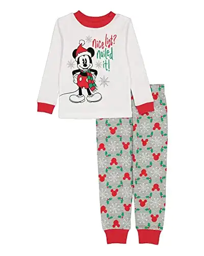 Disney Boys' Mickey Mouse 2-Piece Snug-Fit Cotton Pajamas Set, NICE LIST, 12M