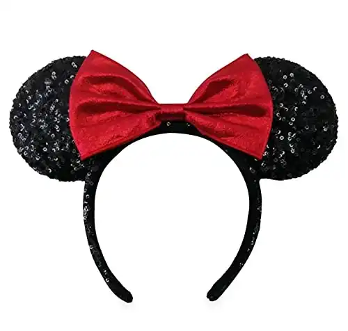 DisneyParks Minnie Mouse Sequined Ear Headband with Velvet Bow – Black and Red, Multicolored, One Size