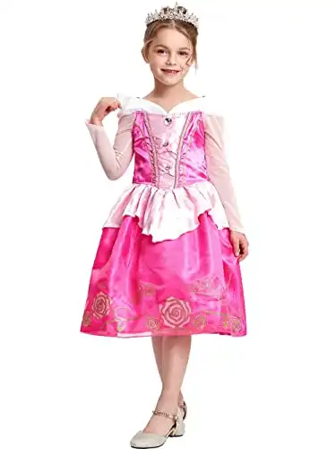 IKALI Girls Princess Dress up Costume Toddlers Long Sleeve Pink Party Dress