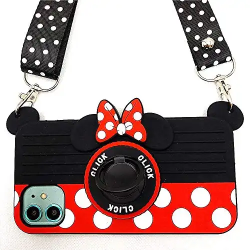 for iPhone 11 Case Cute iPhone 11 Case Minnie 3D Carton Camera with Rotating Ring Grip Holder Kickstand Lanyard Teens Girls Women Kids Soft Silicone Rubber Phone Case Cover for iPhone 11-6.1" (11...