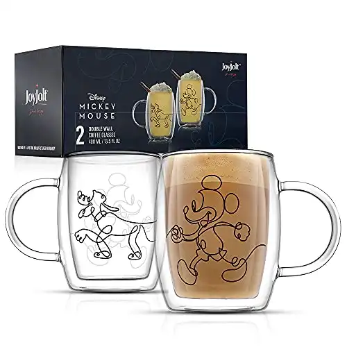 JoyJolt Aroma Disney Mickey and Pluto 13.5oz Glass Cups Set. 2 Insulated Double Wall Glass Coffee Cups, Insulated Coffee Cup Set. Unique Coffee Mugs, Large Espresso Cups. Disney Cups and Disney Mugs.