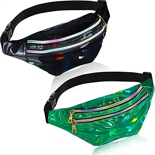 2 Pieces Holographic Fanny Pack Metallic Color Sport Waistbag for Women Men Kids