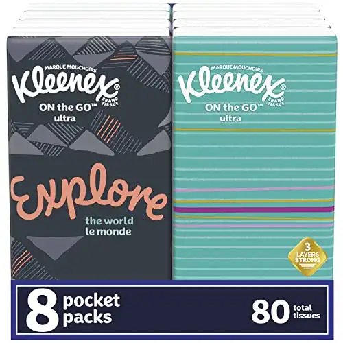 Kleenex Trusted Care Facial Tissues, 8 On-The-Go Travel Packs, 10 Count (Pack of 8)