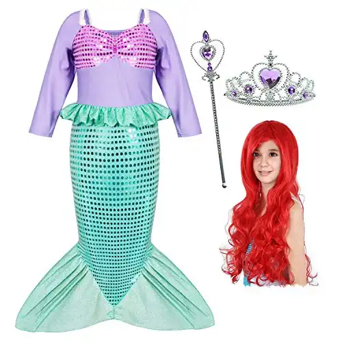 Joy Join Little Girls Princess Mermaid Costume for Girls Dress Up Party with Wig,Crown, Mace 2-3 Years