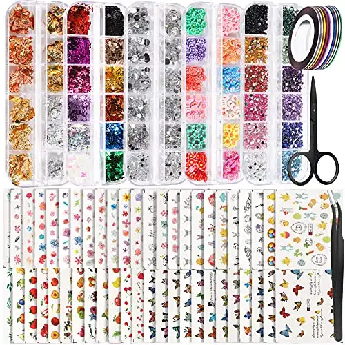 50 Sheets Nail Art Stickers, Teenitor Nail Art Decoration Kit with Nail Water Stickers Decals Crystal Rhinestones Holographic Glitter Sequins Nail Art Foils Nail Striping Tape Nail Flowers Slices
