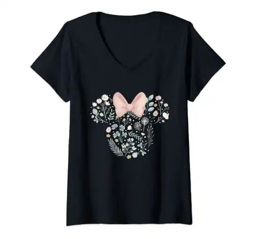 Womens Disney Minnie Mouse Icon Spring Flowers V-Neck T-Shirt