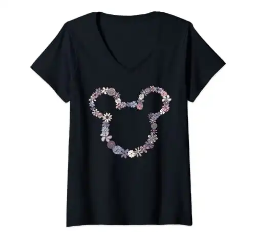 Womens Disney Mickey & Friends Mickey Floral Outline V-Neck T-Shirt