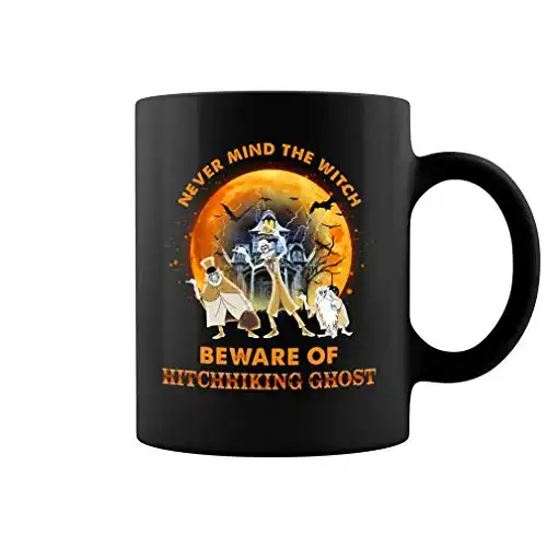 Beware Of Hitchhiking Ghost Ceramic Mug (Black, 11oz)