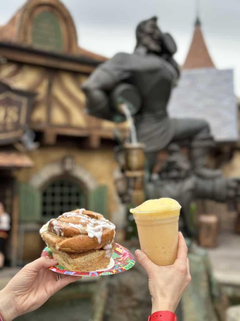 Gaston's Tavern cinnamon roll and LeFou's brew