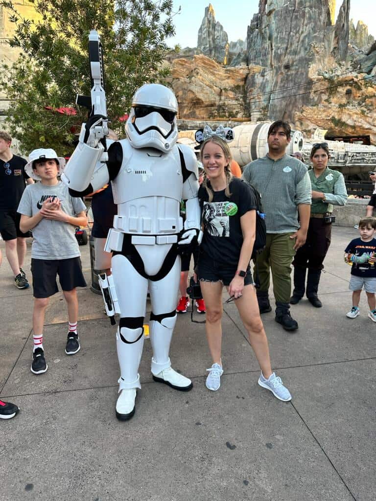 Storm trooper and guest at Galaxy's Edge in Disney's Hollywood Studios