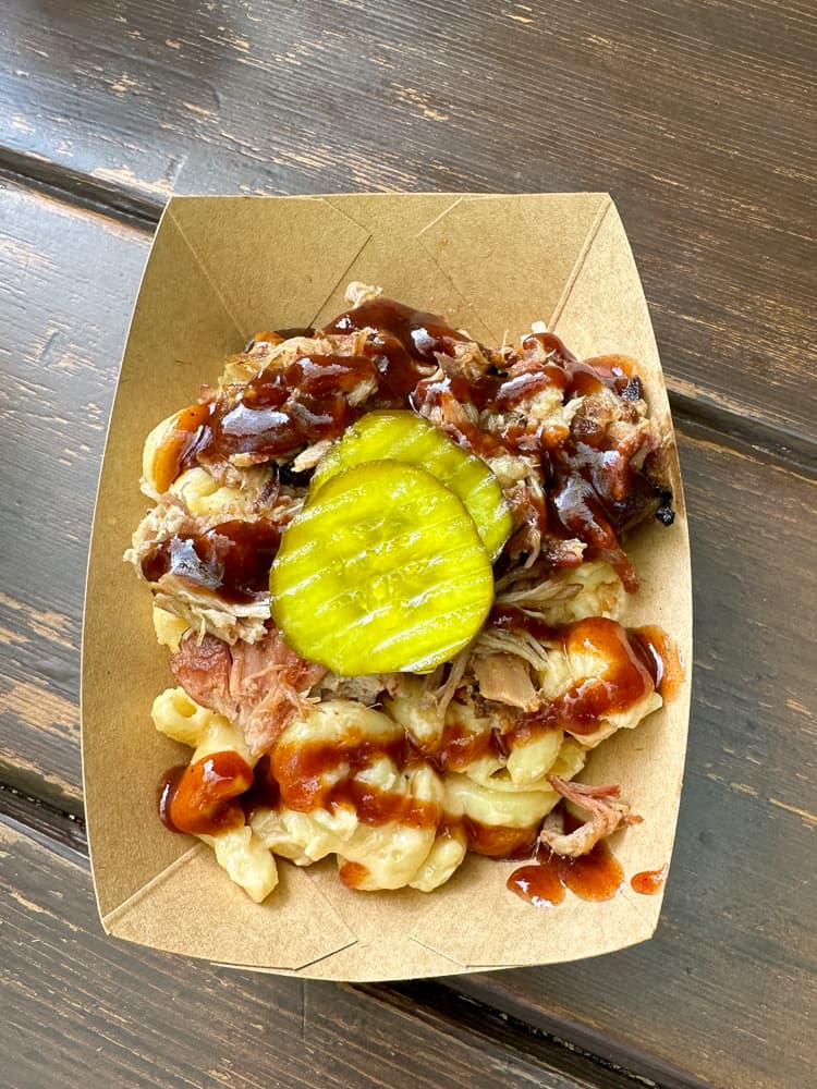 Baked macaroni and cheese with pulled pork at animal kingdom