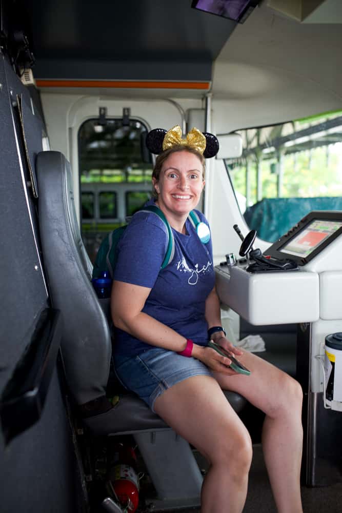 woman inside the front of the disney monorail
