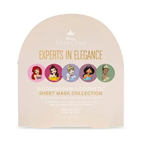 MAD Beauty Disney Pure Princess Face Masks Set (5-Pack) | Tiana, Belle, Jasmine, Cinderella, & Ariel