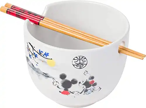 Disney Mickey and Minnie Watercolor Watching the Sunset Ceramic Ramen Noodle Rice Bowl with Chopsticks