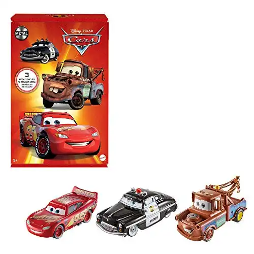 Mattel Disney Pixar Cars Toys, Radiator Springs 3-Pack with Lightning McQueen, Mater and Sheriff Die-Cast Toy Cars