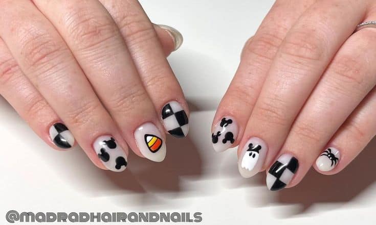 black checkered halloween nails