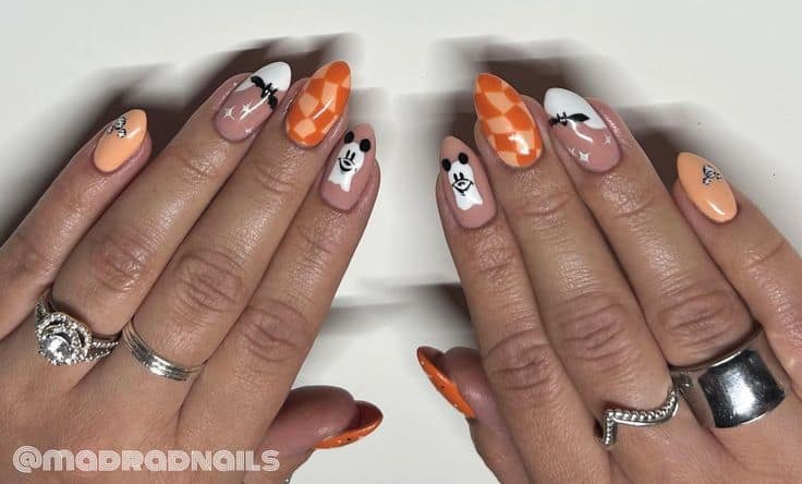 orange checkered halloween nails