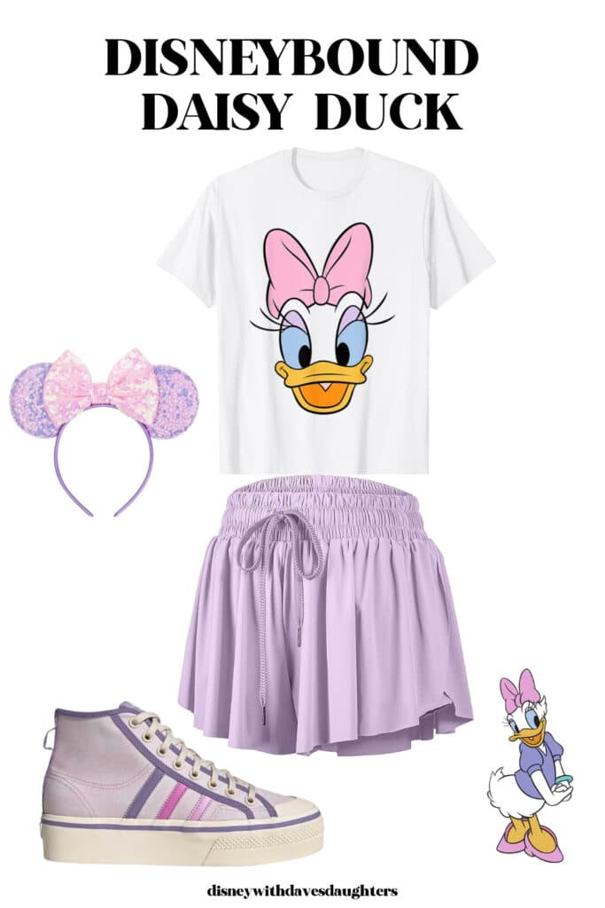 Daisy Duck Disneybound Outfit Idea - Daisy shirt and purple shorts